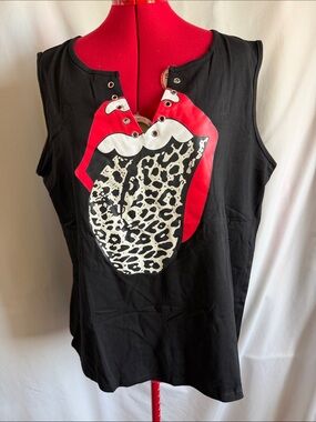 Sleeveless Black Muscle Tee with Red Leopard Tongue Graphic